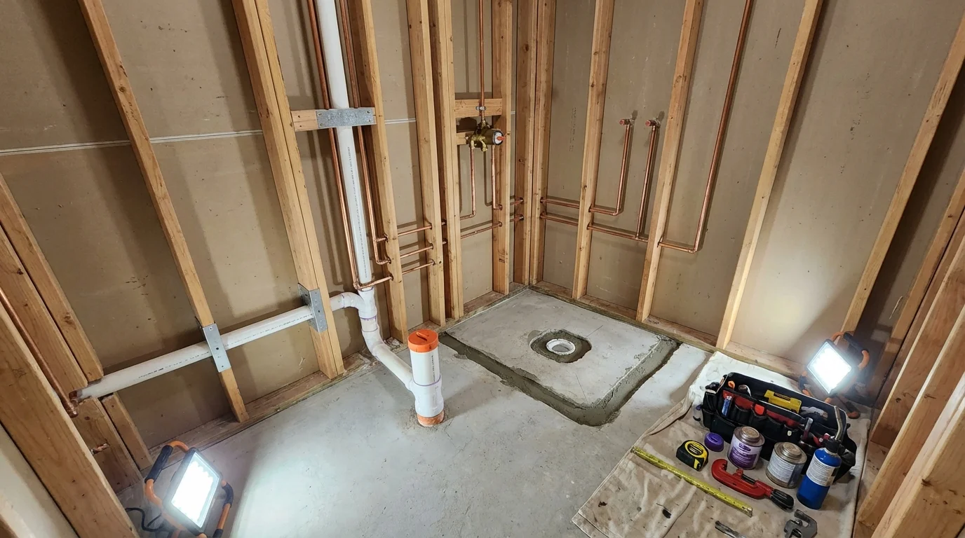 Bathroom rough-in plumbing during remodel by Johns Plumbing LLC in Sun Prairie