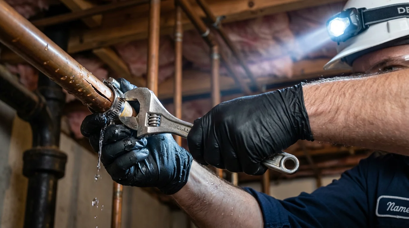 Emergency pipe clamp repair being performed by a Johns Plumbing LLC plumber in Sun Prairie