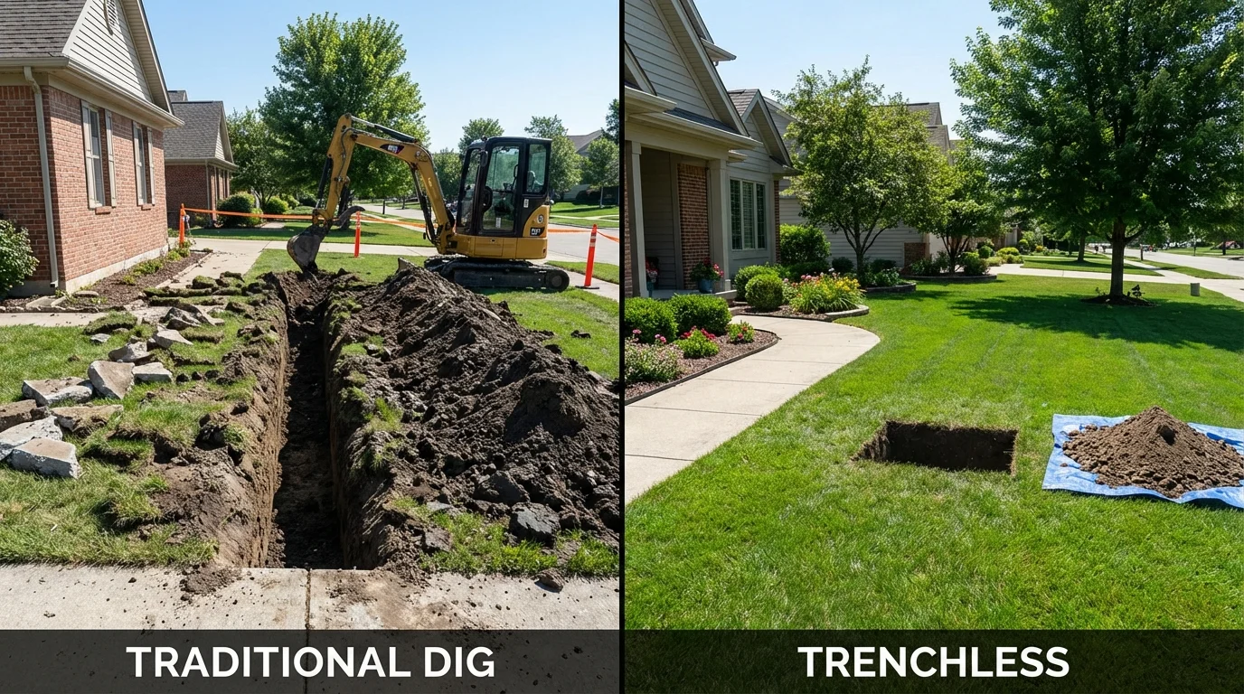 Trenchless sewer repair with minimal yard damage versus traditional excavation in Sun Prairie, WI