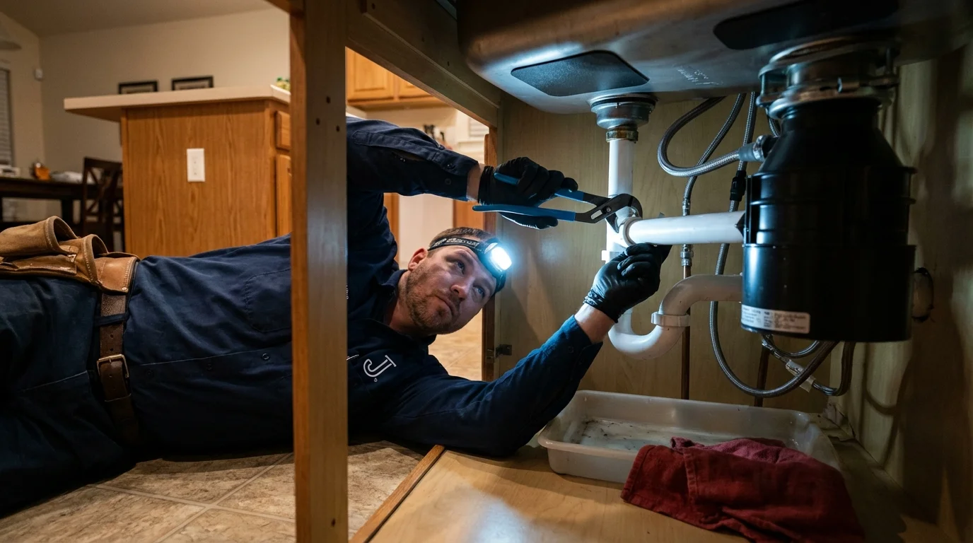 P-trap and supply line connections under a kitchen sink showing a common leak point in Sun Prairie, WI